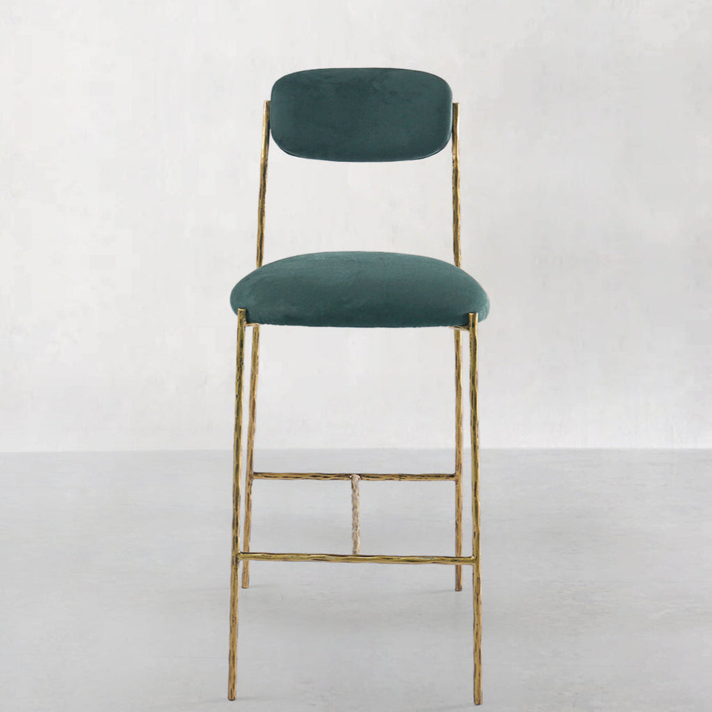 Hand-Forged Metal Green Fabric Bar Stool
