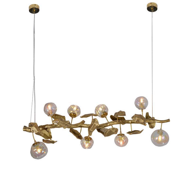 Long Organic Glass Bubble Brass Leaves Branch Chandelier 59" L Main image
