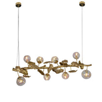 Long Organic Glass Bubble Brass Leaves Branch Chandelier 59" L