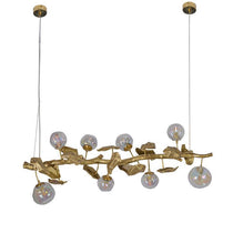 Long Organic Glass Bubble Brass Leaves Branch Chandelier 59" L