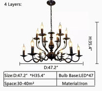 Multi Layer Iron Chandelier with Electronic Candles in Vintage Country Style for Living Room Cafe and Study