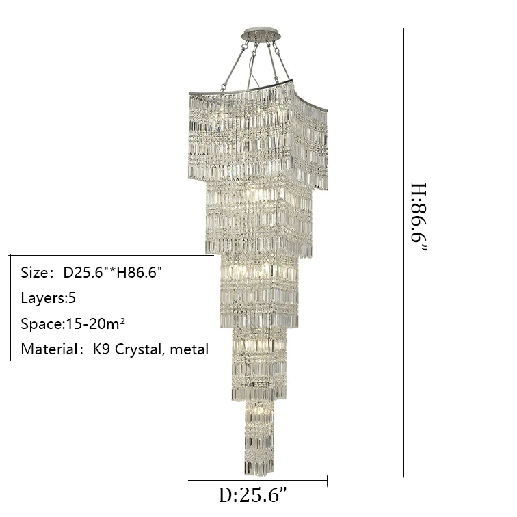 Extra Large Foyer Vertical Layers K9 Crystal Chandelier Chrome Ceiling Lighting Fixture For Staircase Entryway Decor