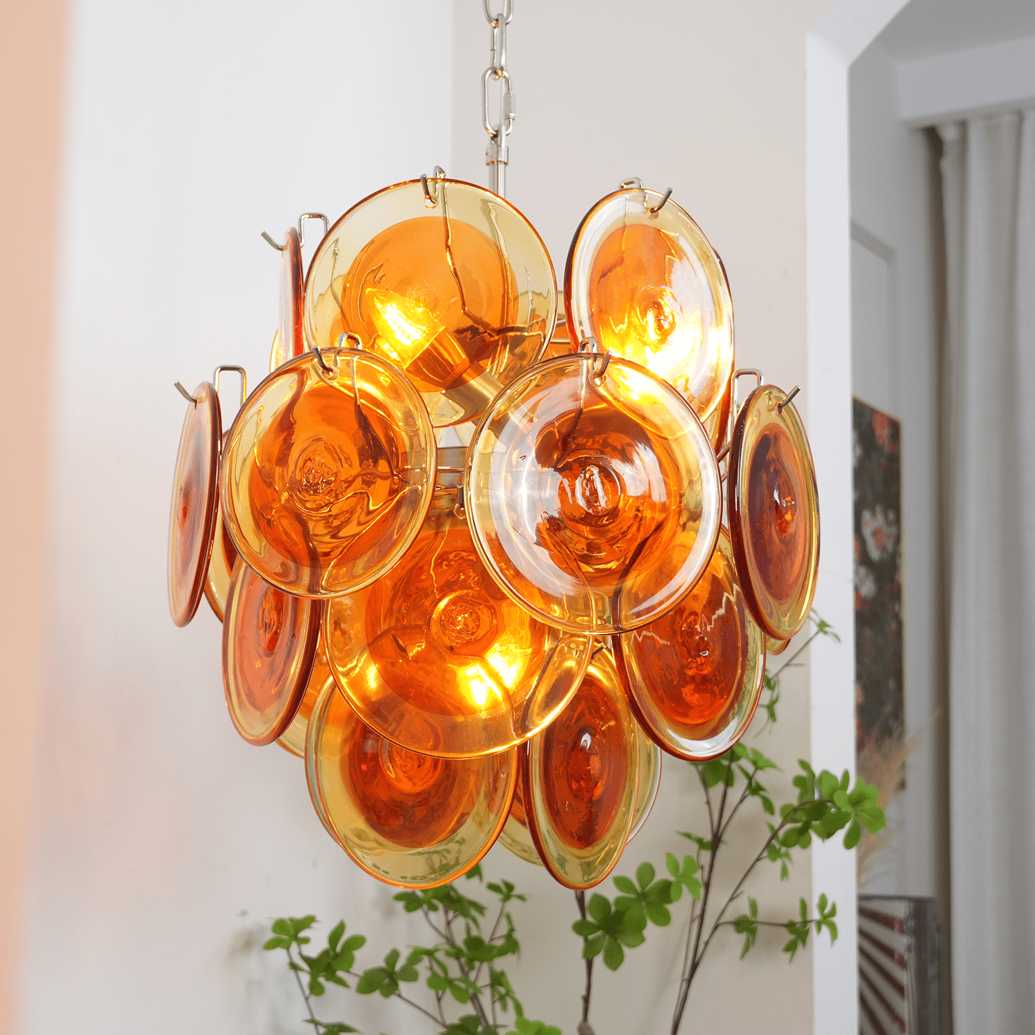 Orange Transparent Murano Glass Disc Chandelier