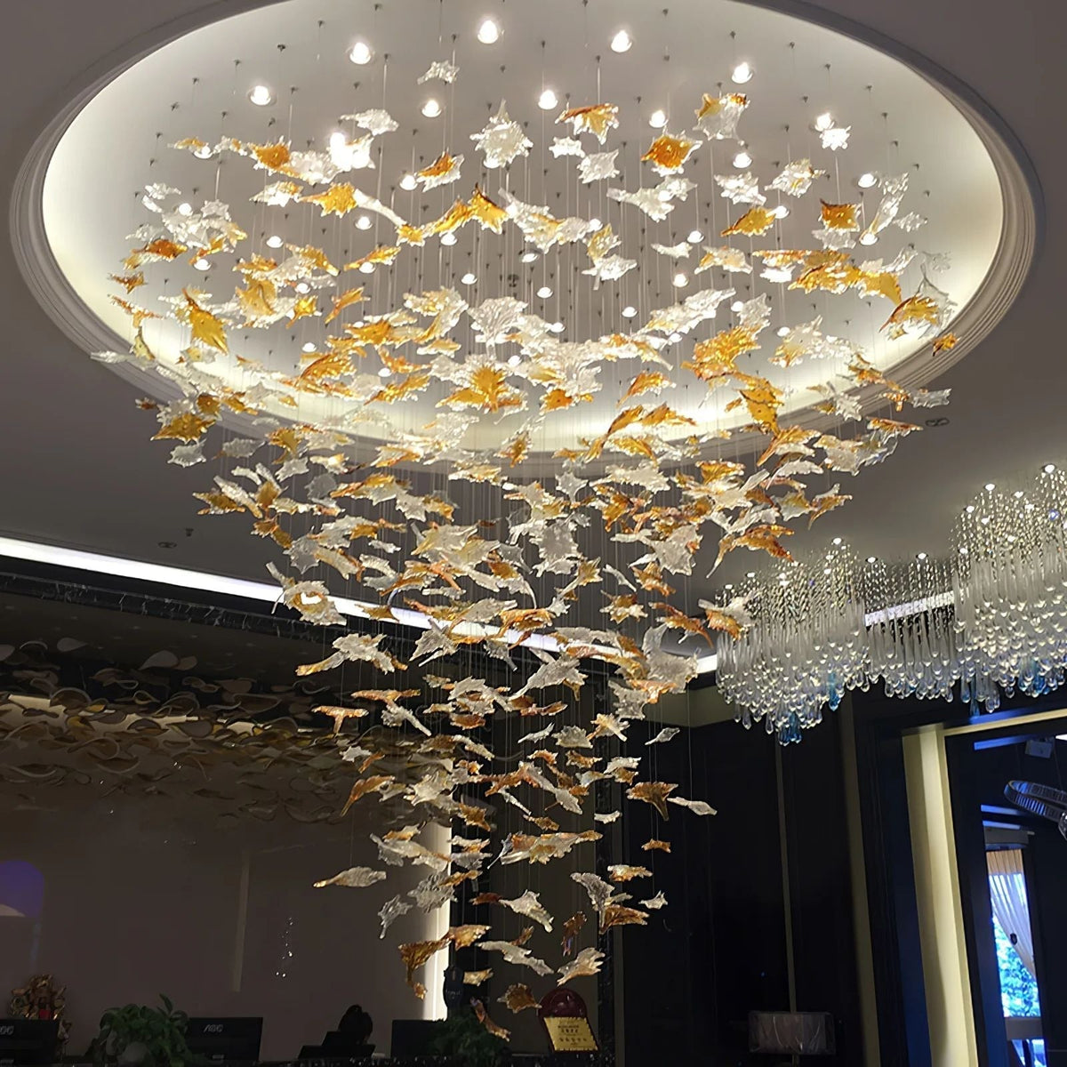 Multicolor Maple Leaf Art Glass Large Oversize Chandelier