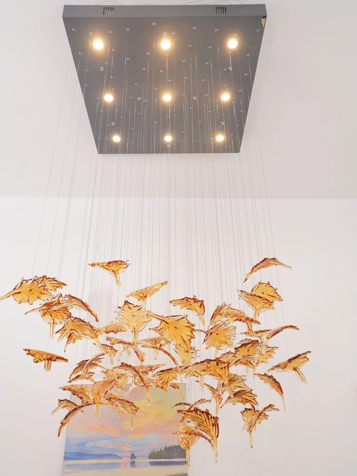 Multicolor Maple Leaf Art Glass Large Oversize Chandelier