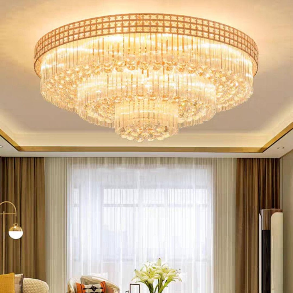 Extra Large Three Layers Round Luxury Flush Mounted Crystal Chandelier for Living Room