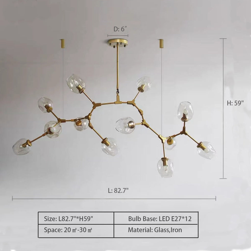 Modern Industrial Branch Chandelier with Multiple Glass Pendants Extra Large for Living or Dining Room