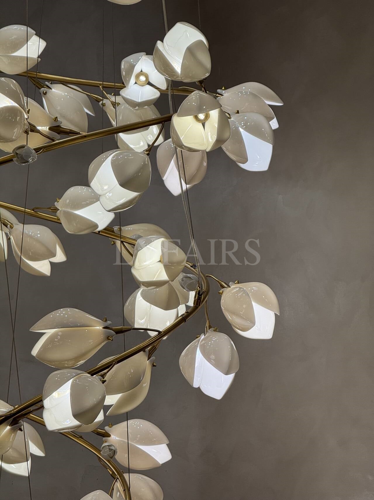 Spiral Pure White Magnolia Chandelier with Golden Branches for Staircase/High-ceiling Space/Foyer/ Duplex Secondary image