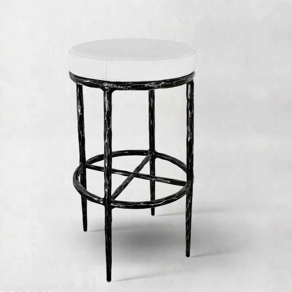 Hand-Forged Metal Backless Fabric Swivel Stool