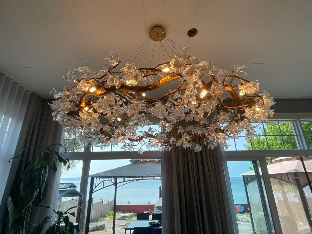 Modern Petal Crystal Round Brass Branch Chandelier For Living Room