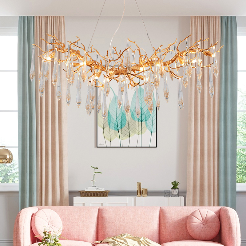 Agnes Raindrop Brass Branch Crystal Chandelier For Dining Room