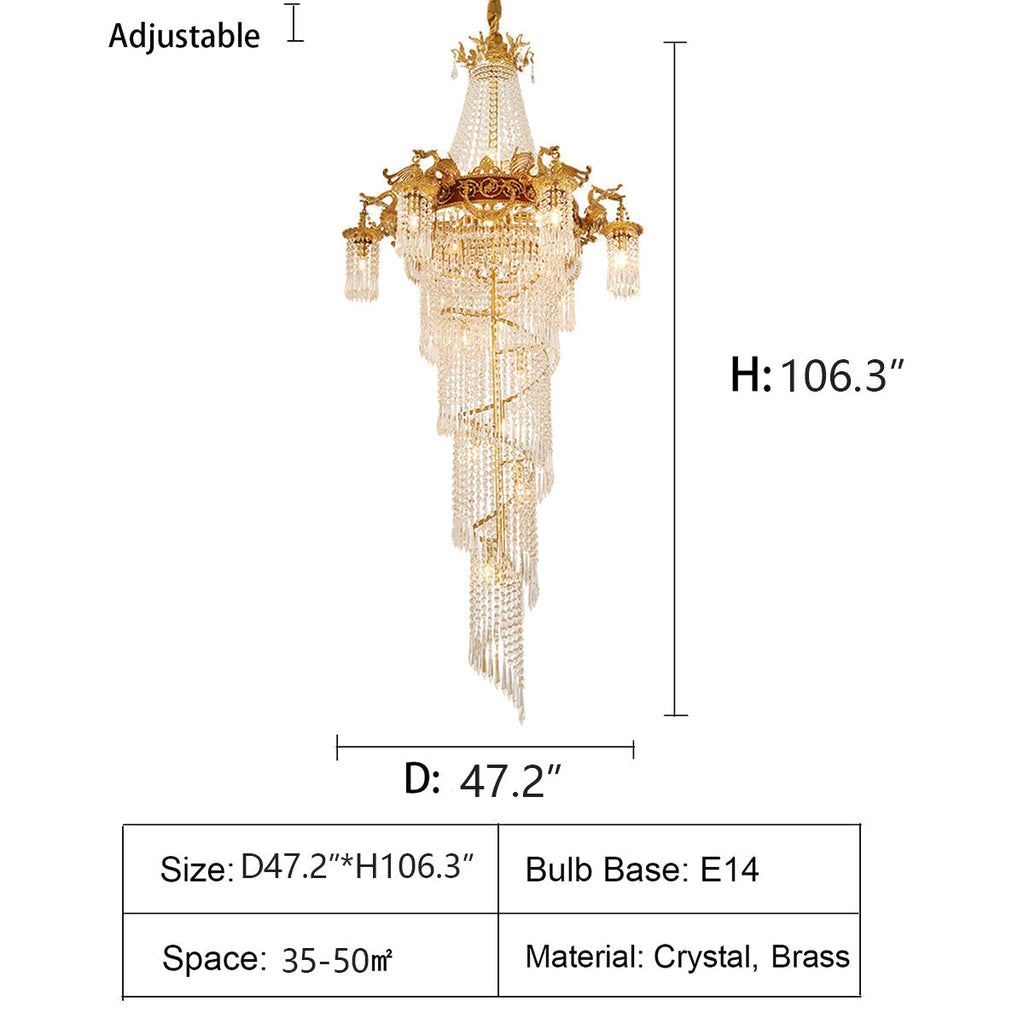 Extra Large Retro Luxury Full Copper Crystal Chandelier for Staircase/ Duplexes/ Villas