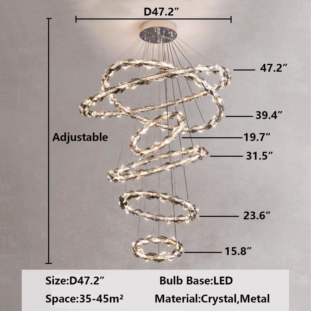 Oversized Multi-Tiered Rings Crystal Chandelier Modern Clear and Grey Crystal Ceiling Light Fixture For Staircase/Foyer/Hallway/Entryway