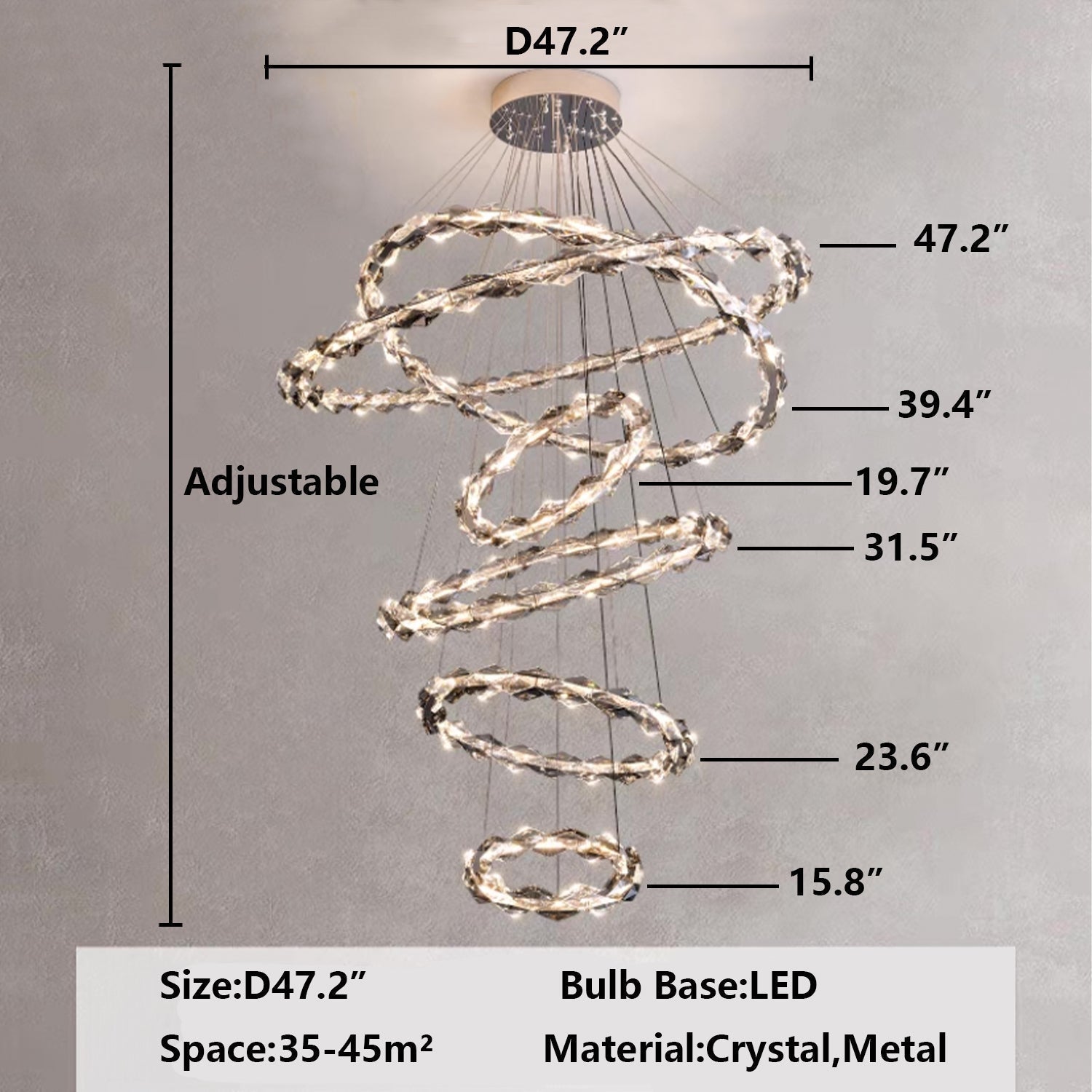 Oversized Multi-Tiered Rings Crystal Chandelier Modern Clear and Grey Crystal Ceiling Light Fixture For Staircase/Foyer/Hallway/Entryway