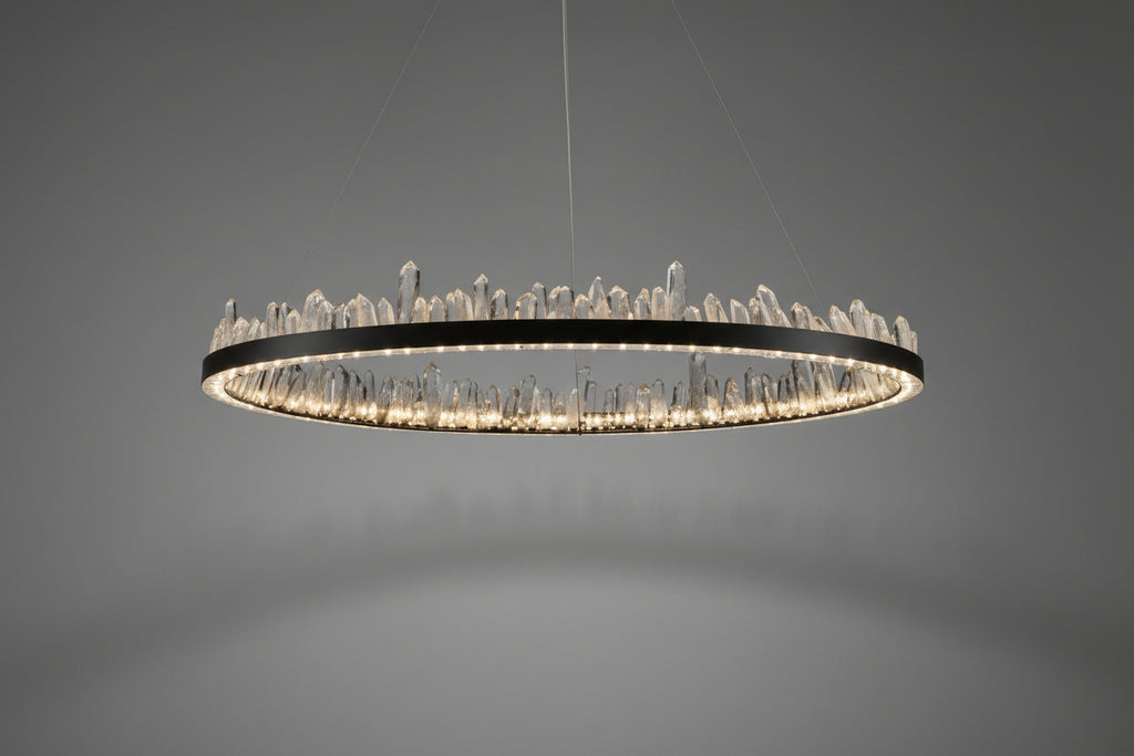 Designer 36 Inch Round Modern Chandelier Brass & Clear Geode Quartz Crystal Hanging Light - CasaraHouse