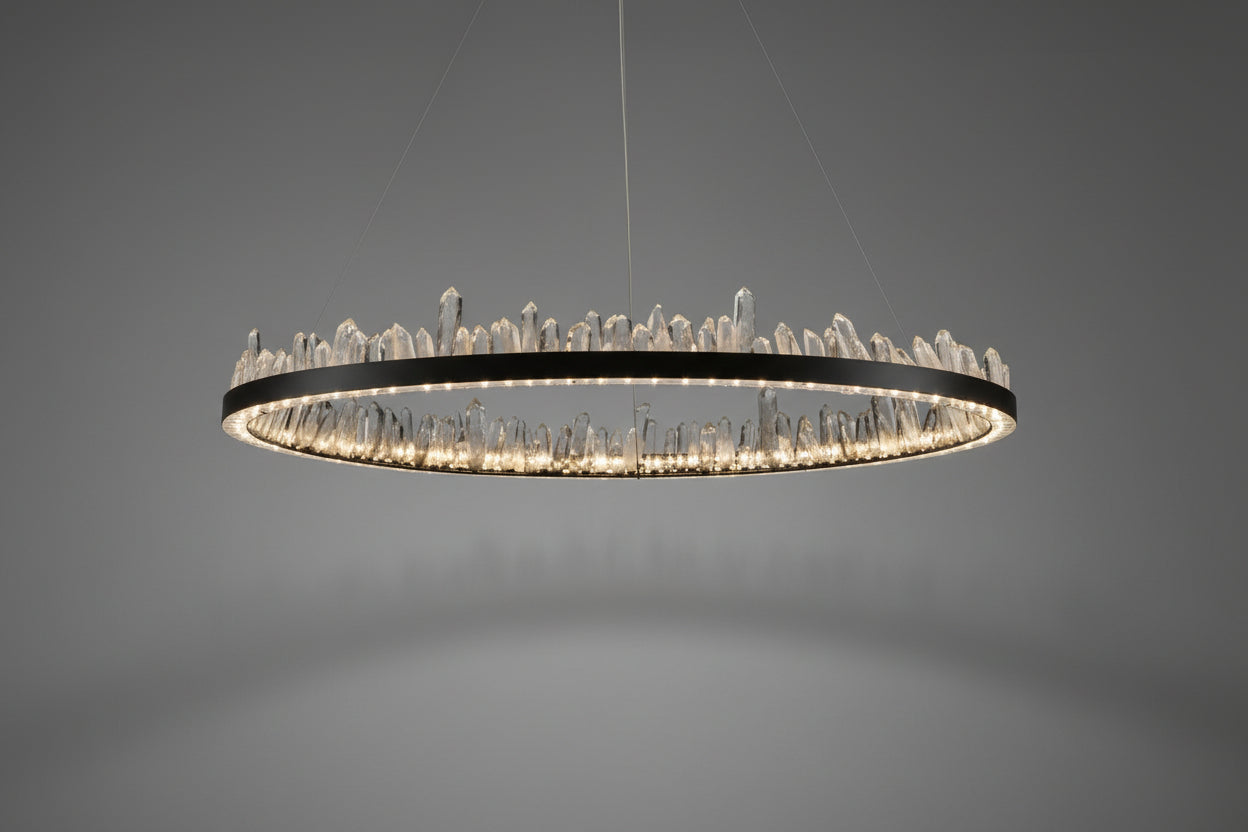 Designer 36 Inch Round Modern Chandelier Brass & Clear Geode Quartz Crystal Hanging Light - CasaraHouse
