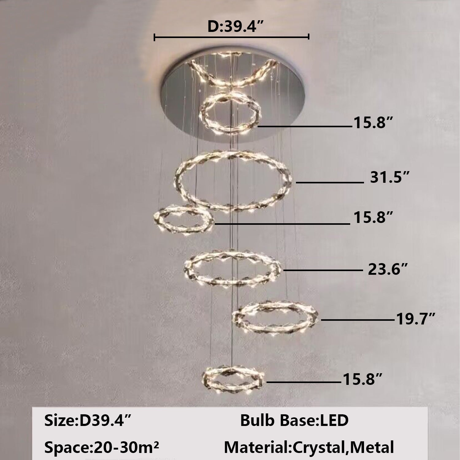 Oversized Multi-Tiered Rings Crystal Chandelier Modern Clear and Grey Crystal Ceiling Light Fixture For Staircase/Foyer/Hallway/Entryway