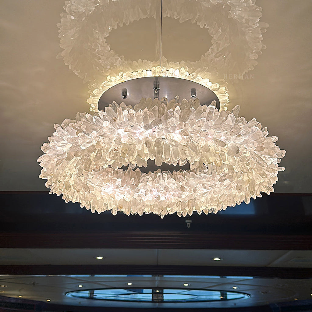 Premium 24-47 Inch Round Clear Geode Quartz Crystal Ring Pendant Light Modern Chandelier for Living Room - CasaraHouse