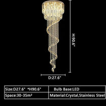 Oversized Modern Cascade Spiral Crystal Staircase Chandelier For Duplex Building