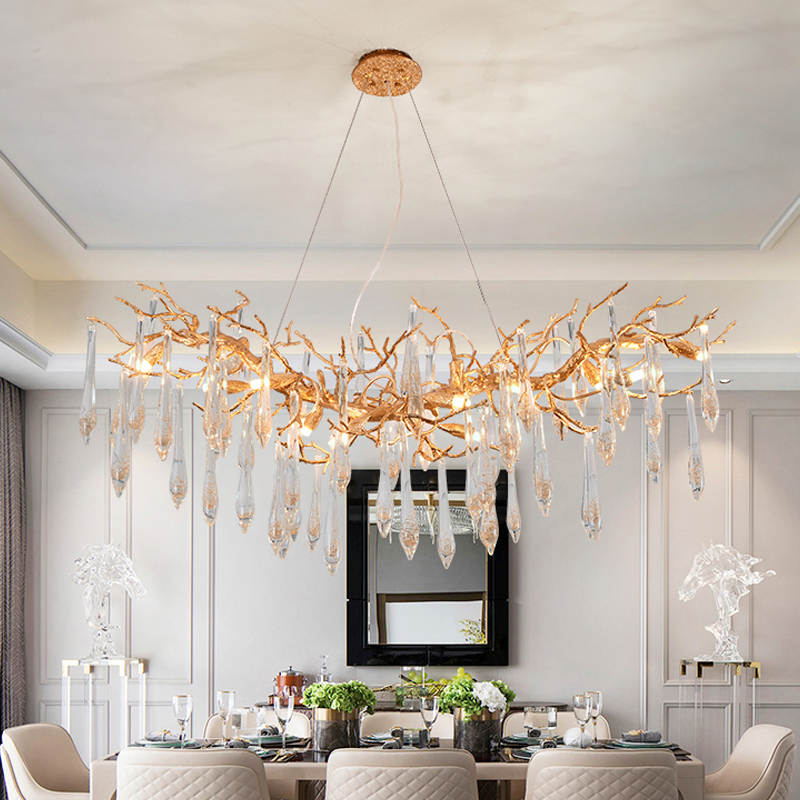 Agnes Raindrop Brass Branch Crystal Chandelier For Dining Room