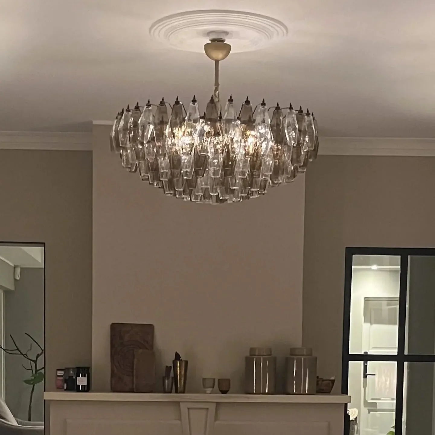 Murano Chandelier – Poliedri – 185 glass – Smoked/Transparent