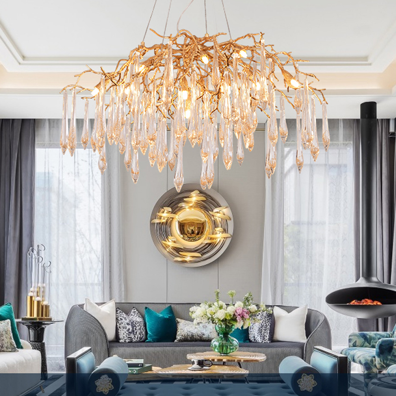 Iris Raindrop Brass Branch Round Crystal Chandelier 25'' 35'' 41''D