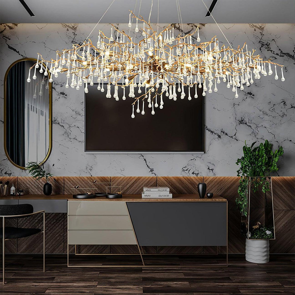 Tina Raindrop Branch Crystal Brass Chandelier