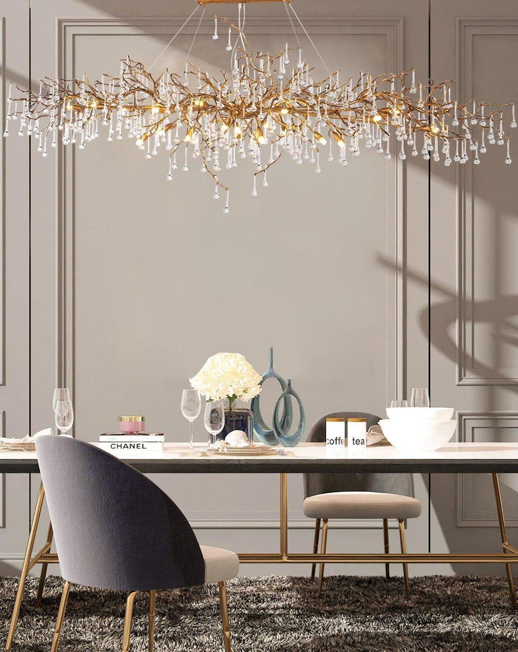 Tina Raindrop Branch Crystal Brass Chandelier