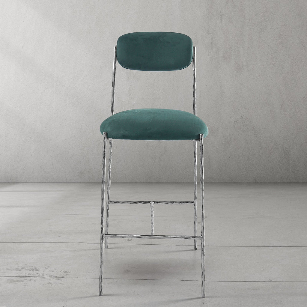 Hand-Forged Metal Green Fabric Bar Stool