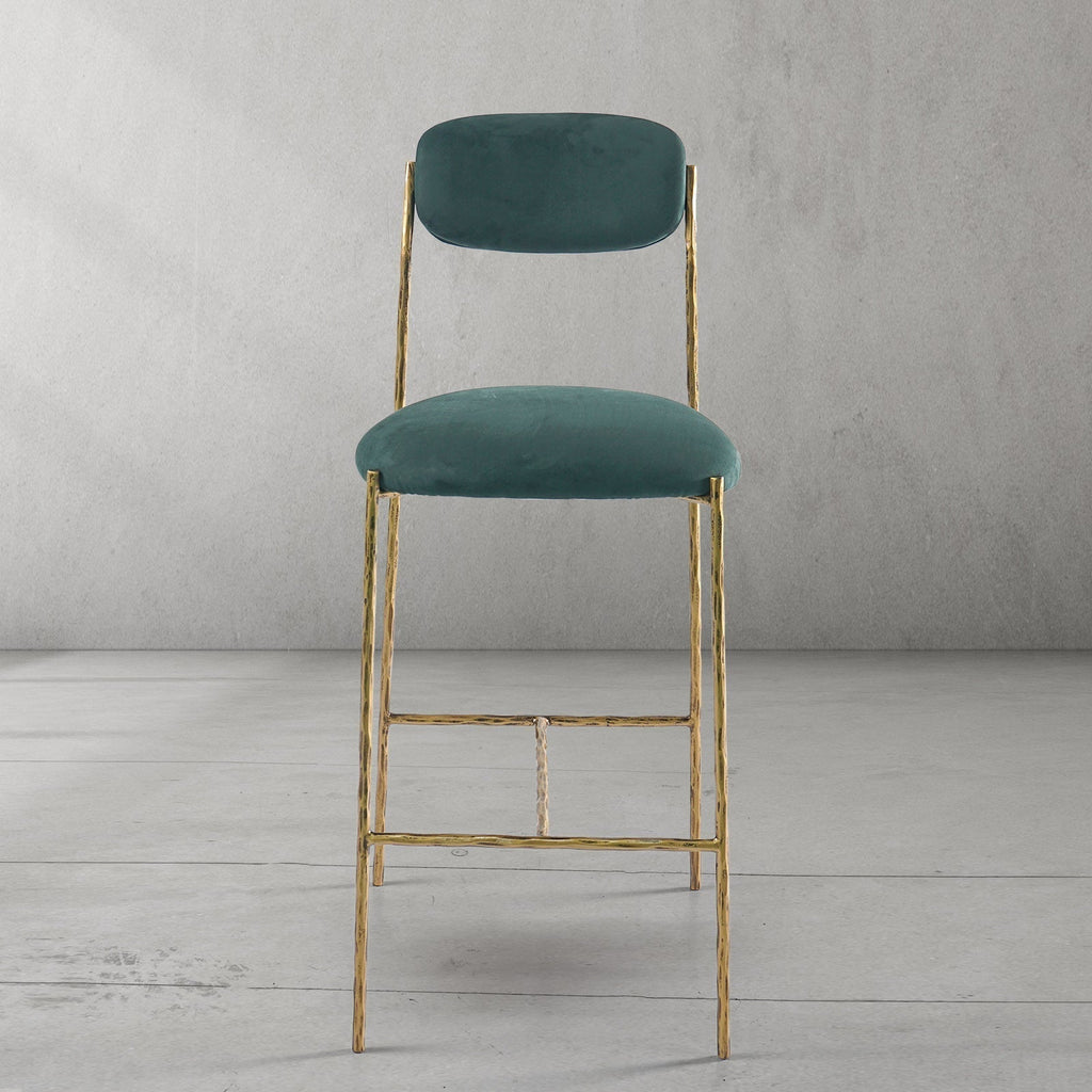 Hand-Forged Metal Green Fabric Bar Stool