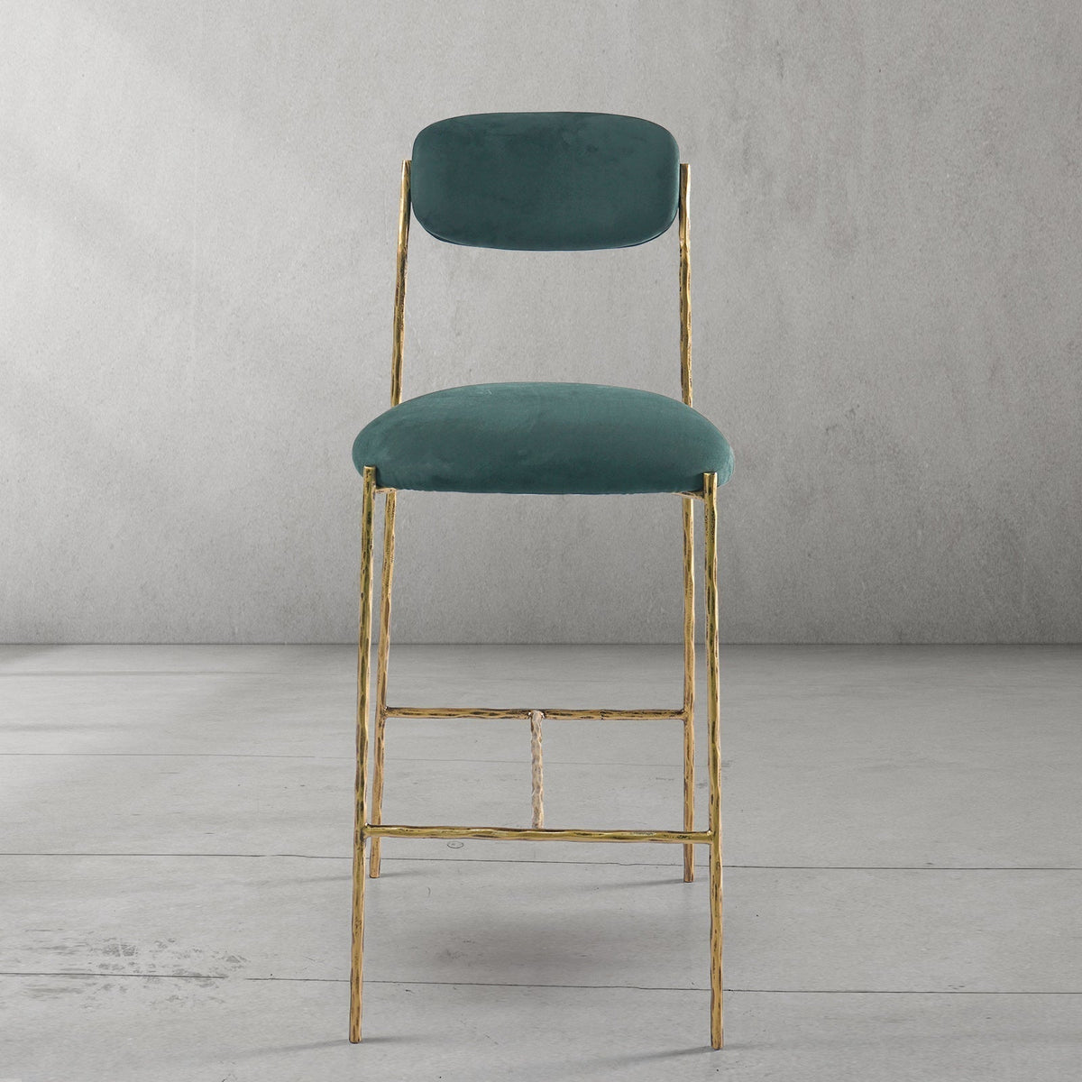Hand-Forged Metal Green Fabric Bar Stool