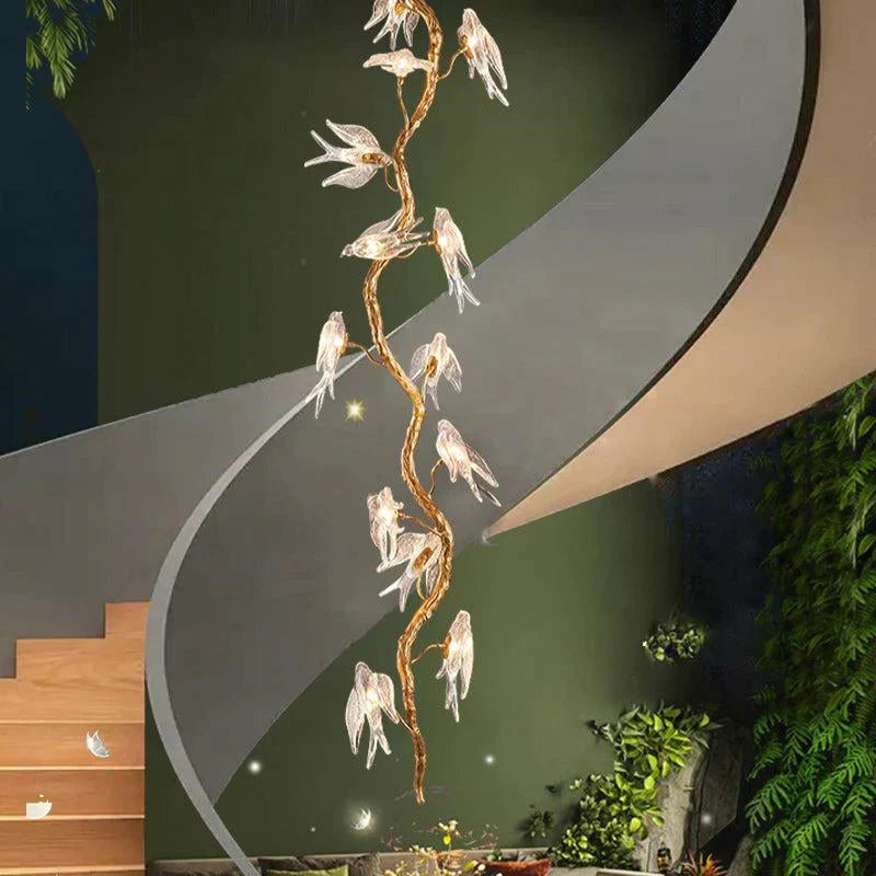 Modern Bird Glass Tree Branch Long Staircase Chandelier
