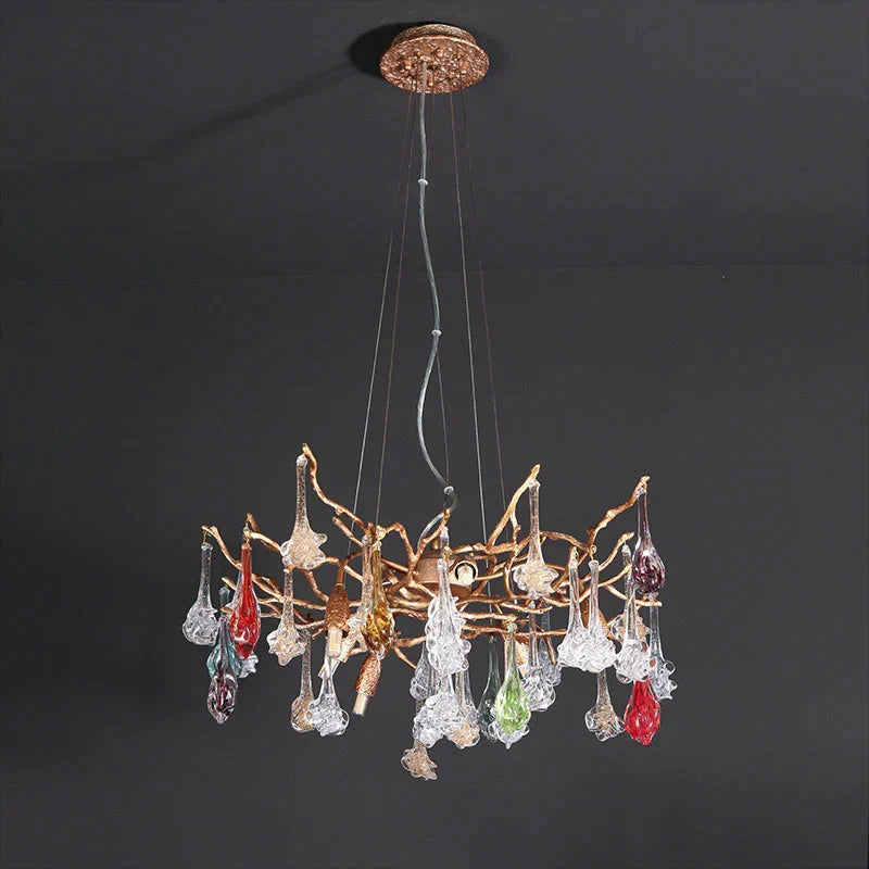 Modern Colored Glass Drop Round Branch Chandelier