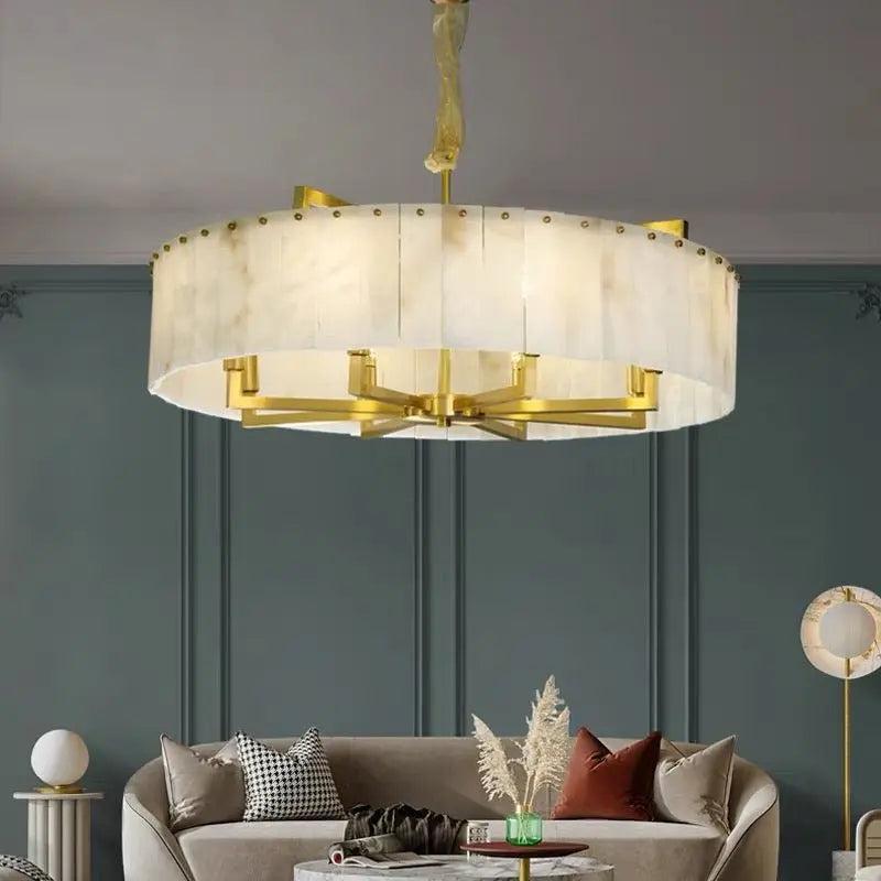 Alabaster Flake Brass Round Chandelier Lighting