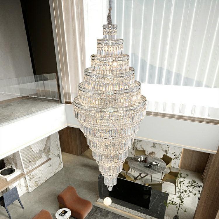 Chrome Extra Large Crystal Chandelier for Foyer Staircase Living Room Entrance Ceiling Light Fixture In Silver