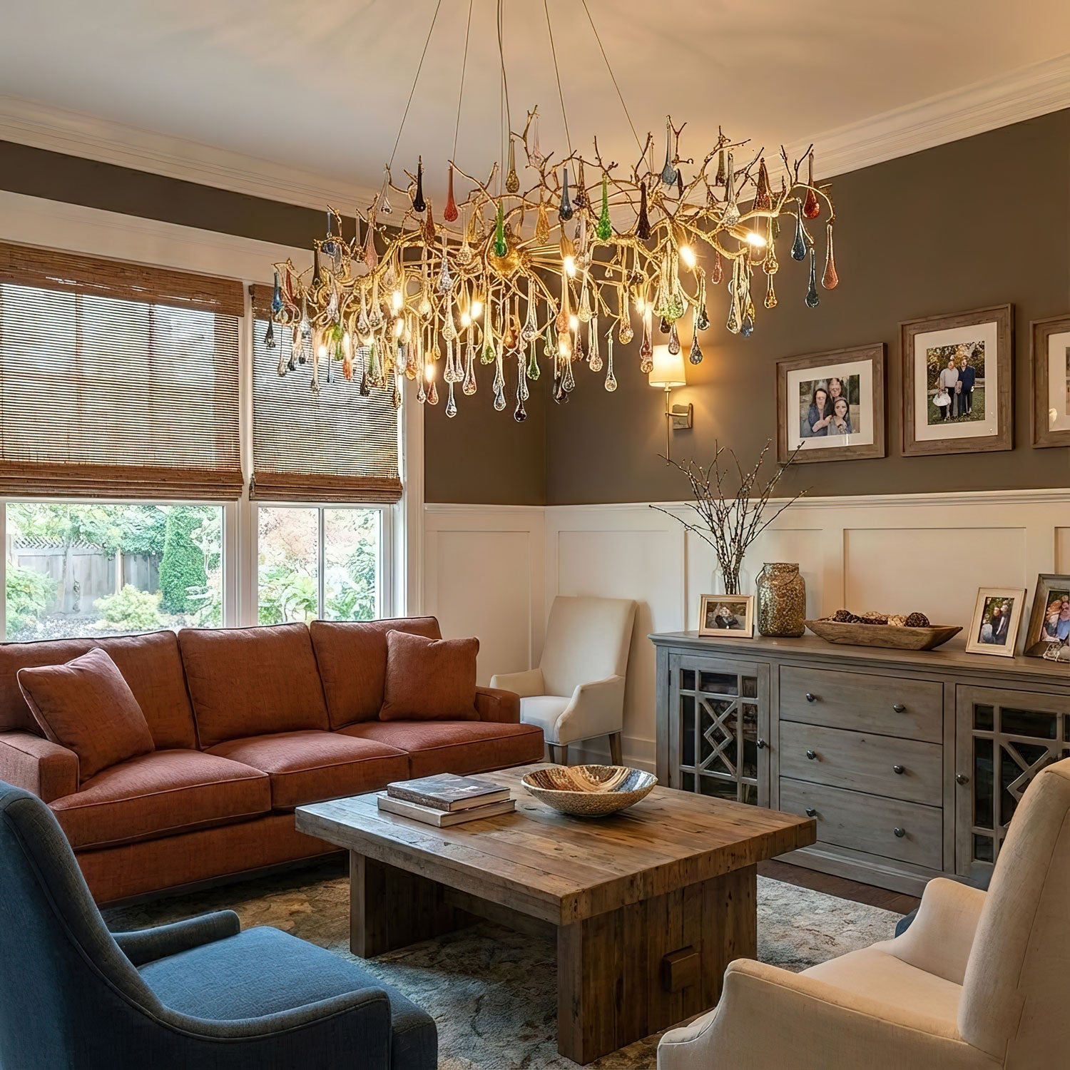 Designer Colorful Raindrop Brass Branch Chandelier - CasaraHouse