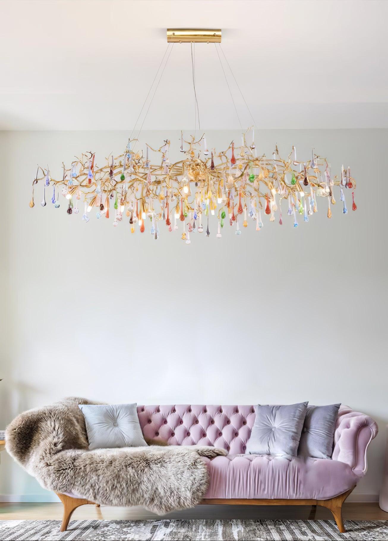 Designer Colorful Raindrop Brass Branch Chandelier - CasaraHouse