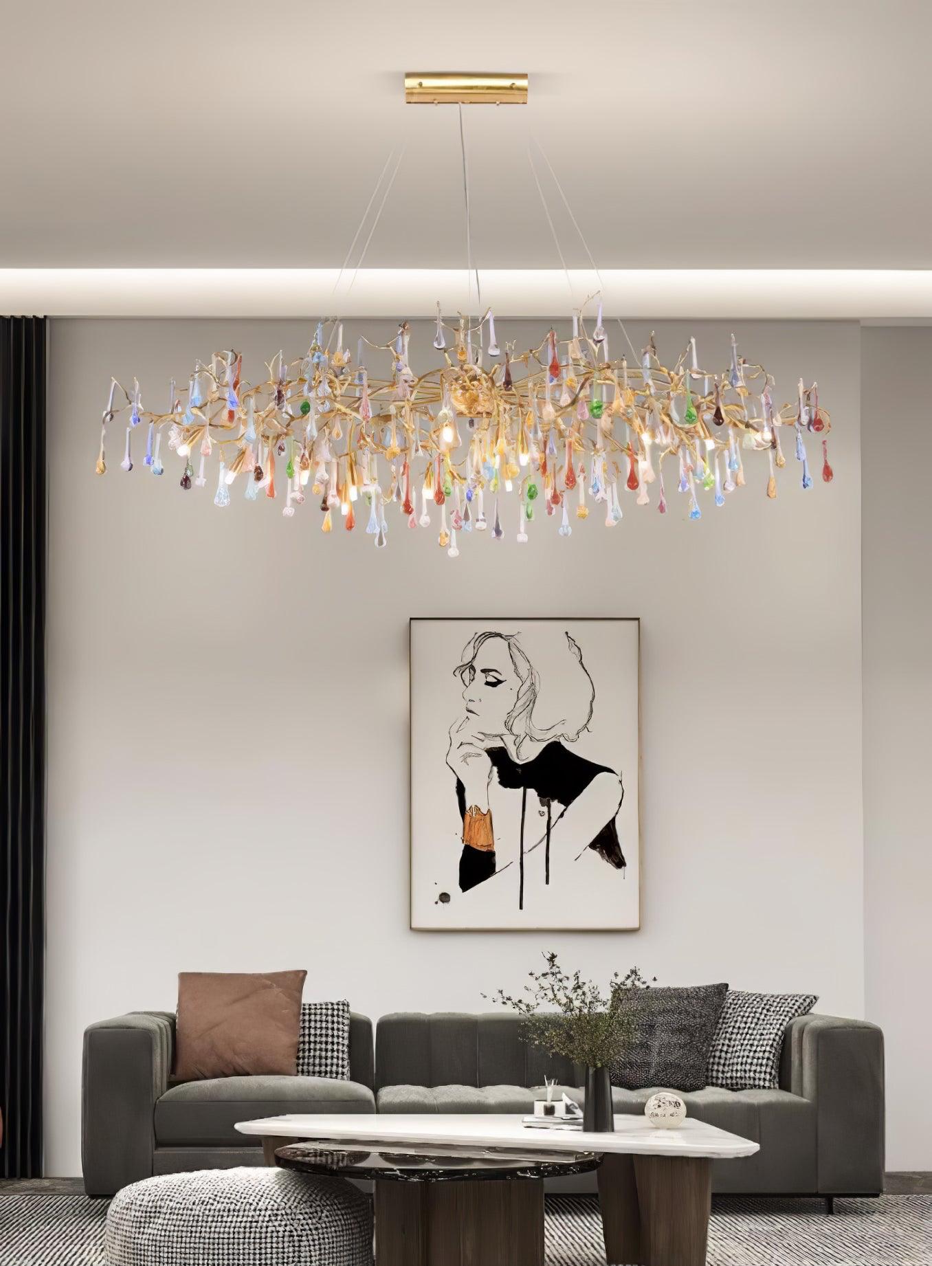 Designer Colorful Raindrop Brass Branch Chandelier - CasaraHouse