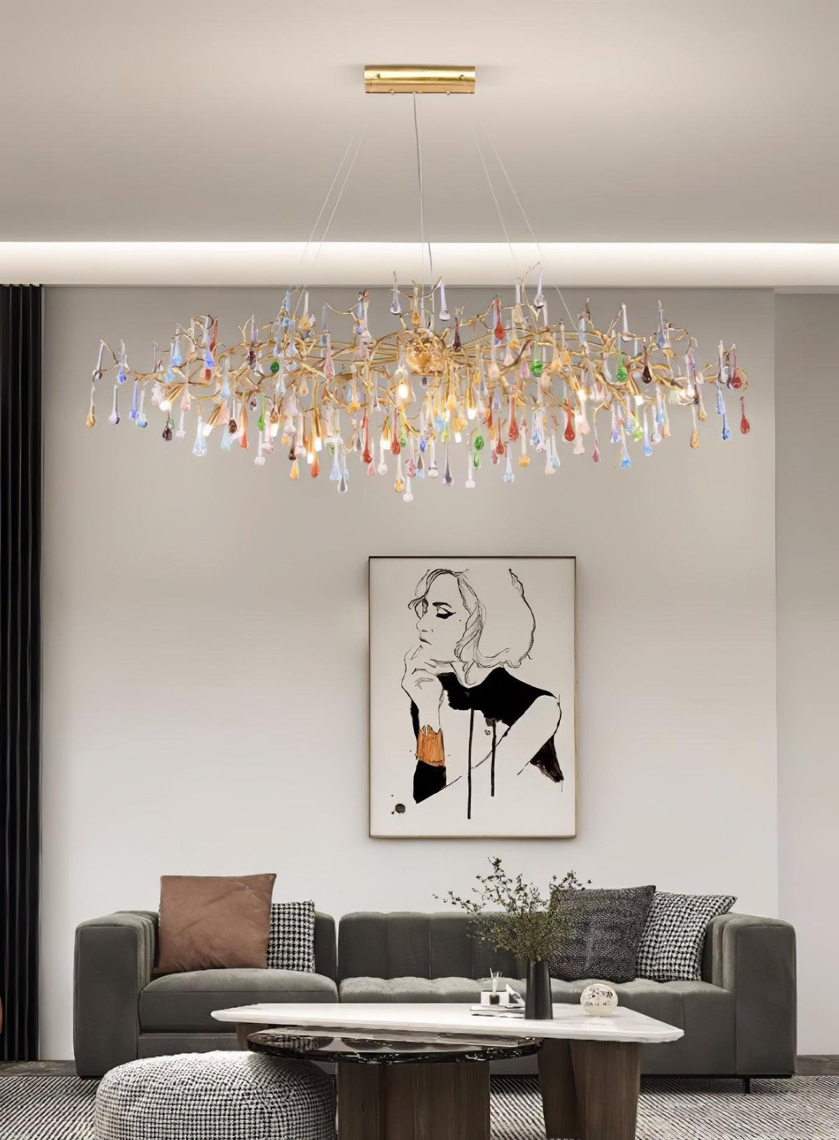 Designer Colorful Raindrop Brass Branch Chandelier - CasaraHouse