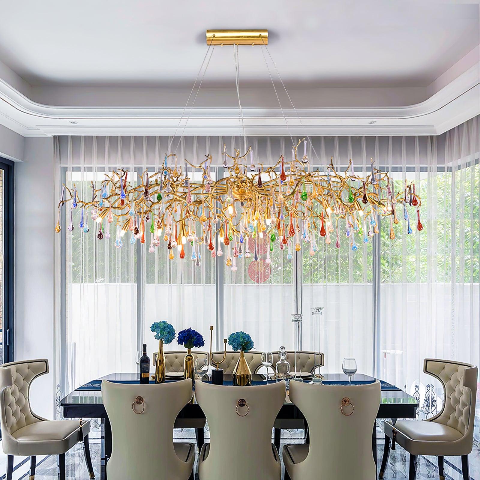Designer Colorful Raindrop Brass Branch Chandelier - CasaraHouse