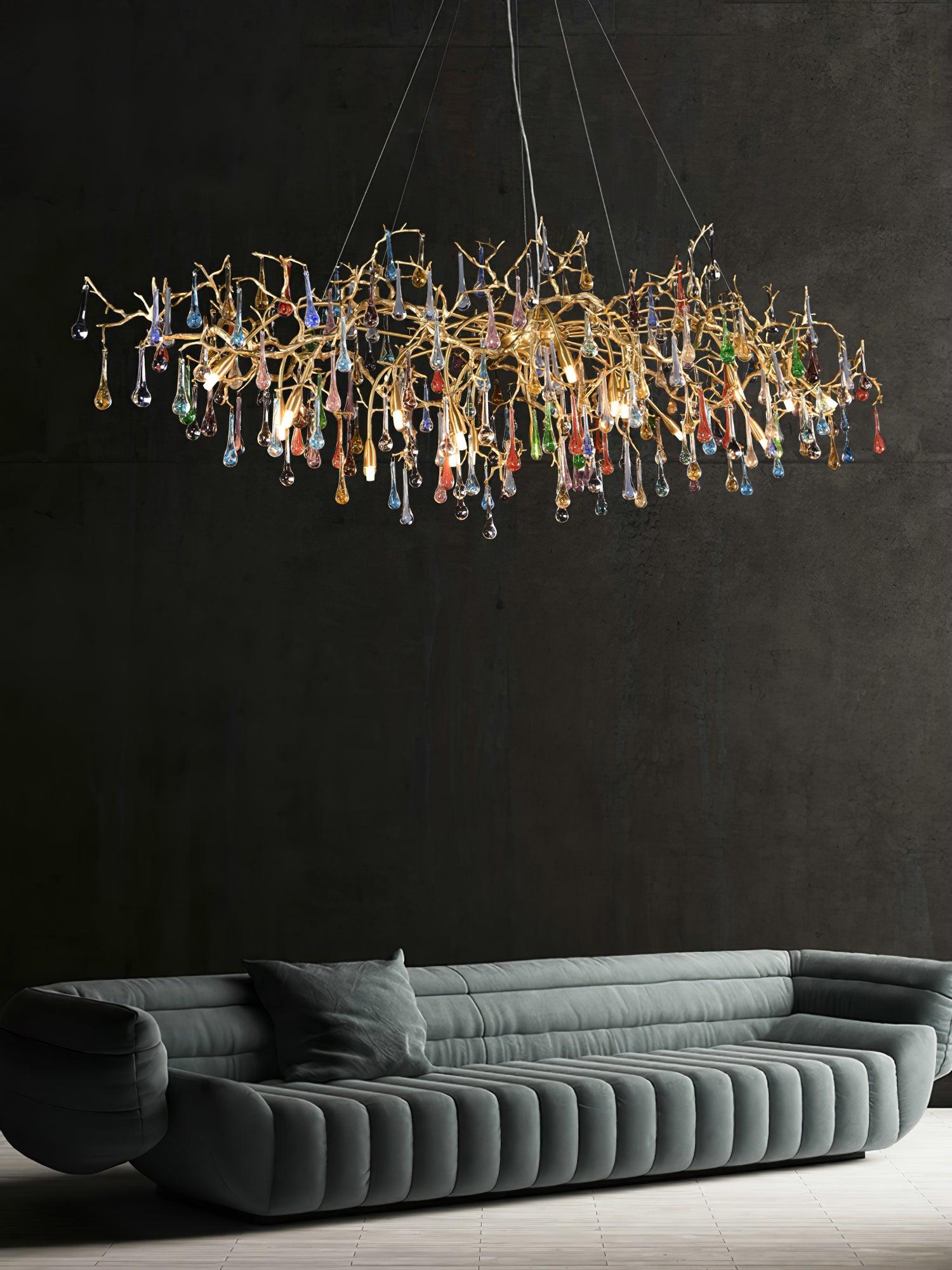 Designer Colorful Raindrop Brass Branch Chandelier - CasaraHouse