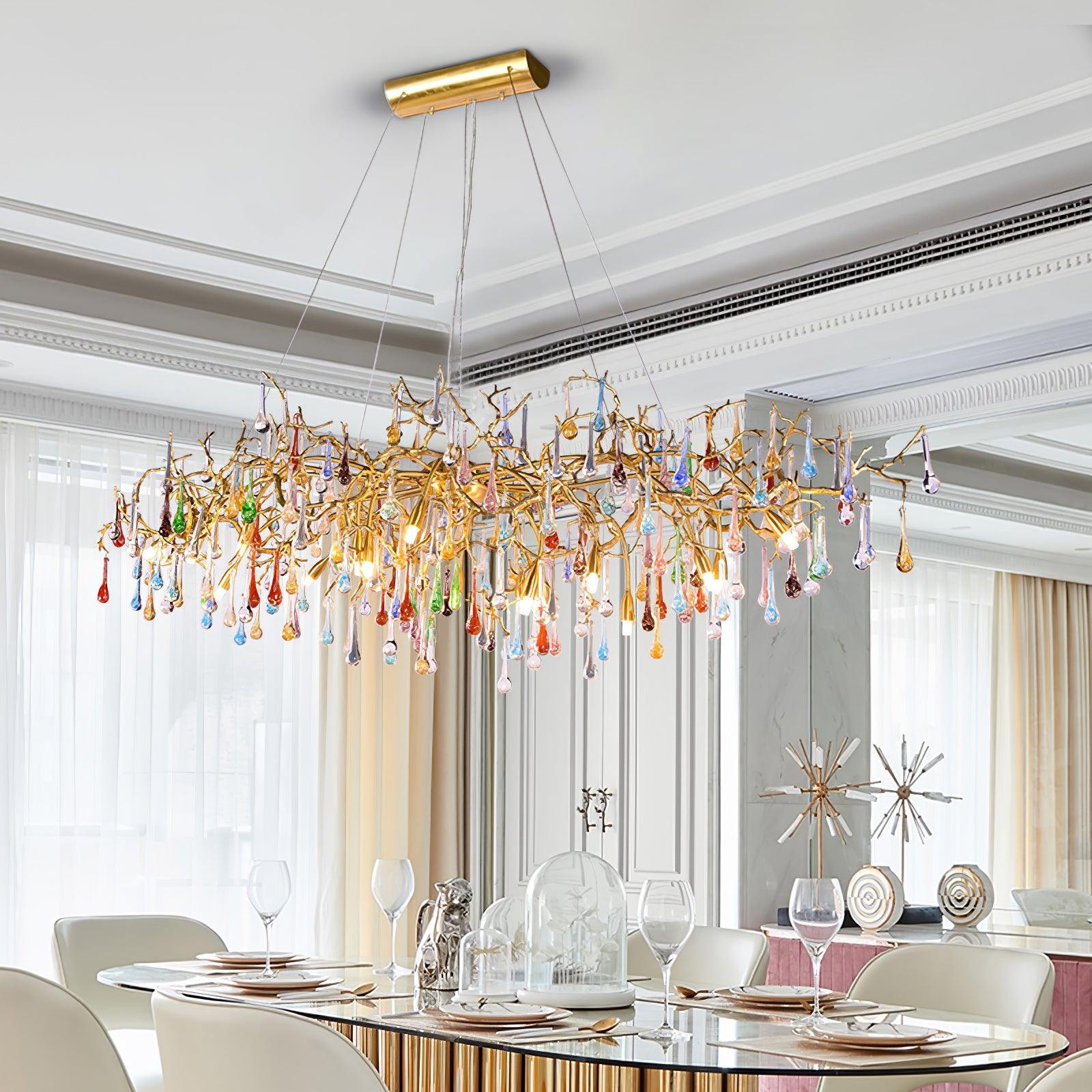 Designer Colorful Raindrop Brass Branch Chandelier - CasaraHouse