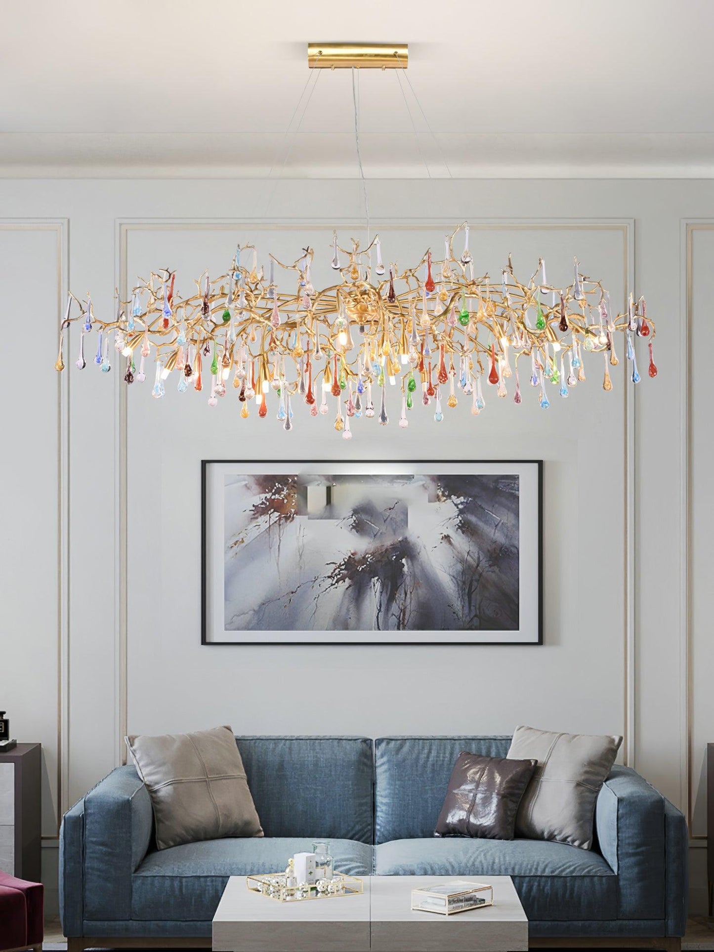Designer Colorful Raindrop Brass Branch Chandelier - CasaraHouse