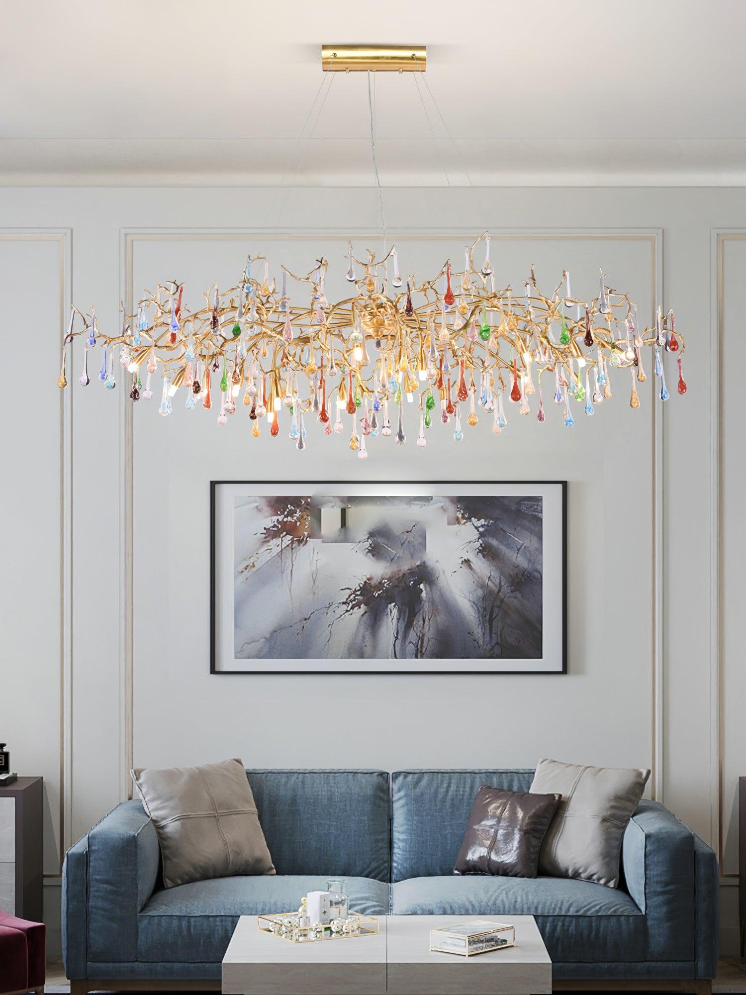 Designer Colorful Raindrop Brass Branch Chandelier - CasaraHouse