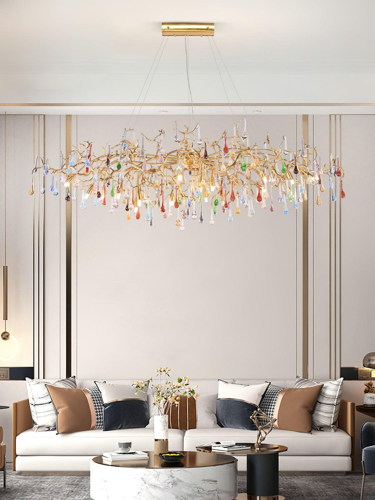 Designer Colorful Raindrop Brass Branch Chandelier - CasaraHouse