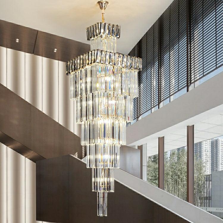 Decorative Large Vertical Crystal Staircase Chandelier Foyer Ceiling Light Fixture Lamp In Gray/ Amber Brim