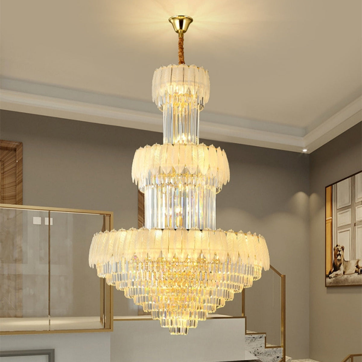 Extra Large Crystal Feather Style Chandelier Long Foyer Staircase Ceiling Lighting Fixture For Living Room Main image