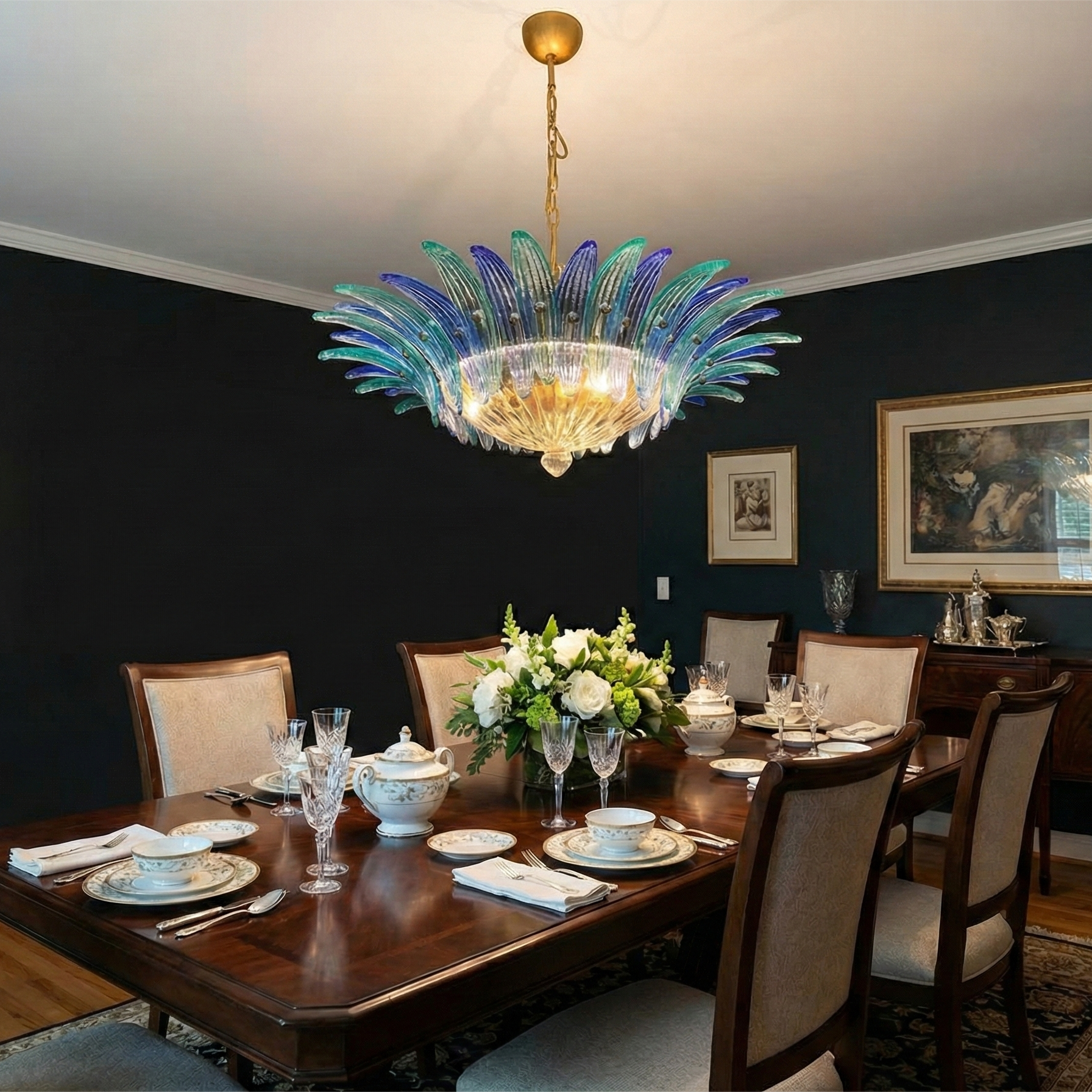 Murano Chandelier 36 Blue Palmette Glass Main image