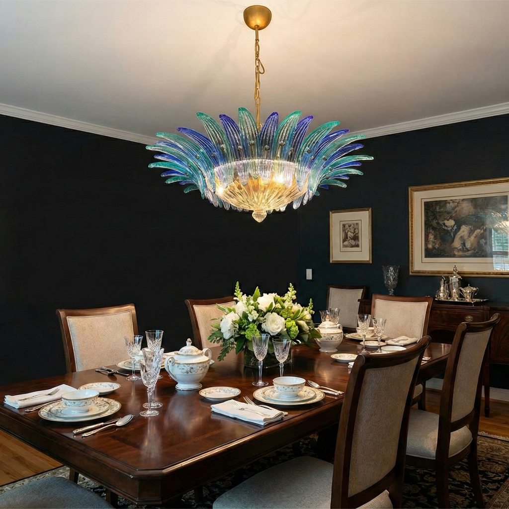 Murano Chandelier 36 Blue Palmette Glass