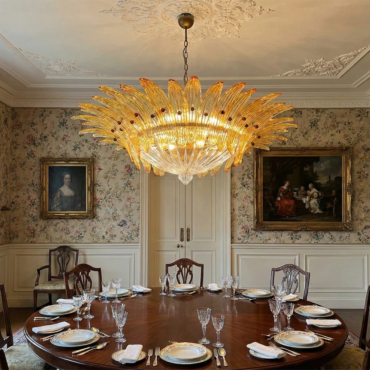 Murano Chandelier 36 Yellow Palmette Glass